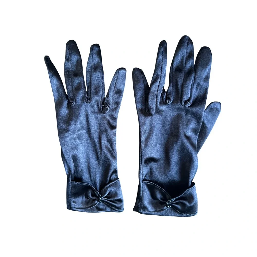 Vintage Black Satin Bow Wrist Length Formal Evening Gloves One Size RN 81088